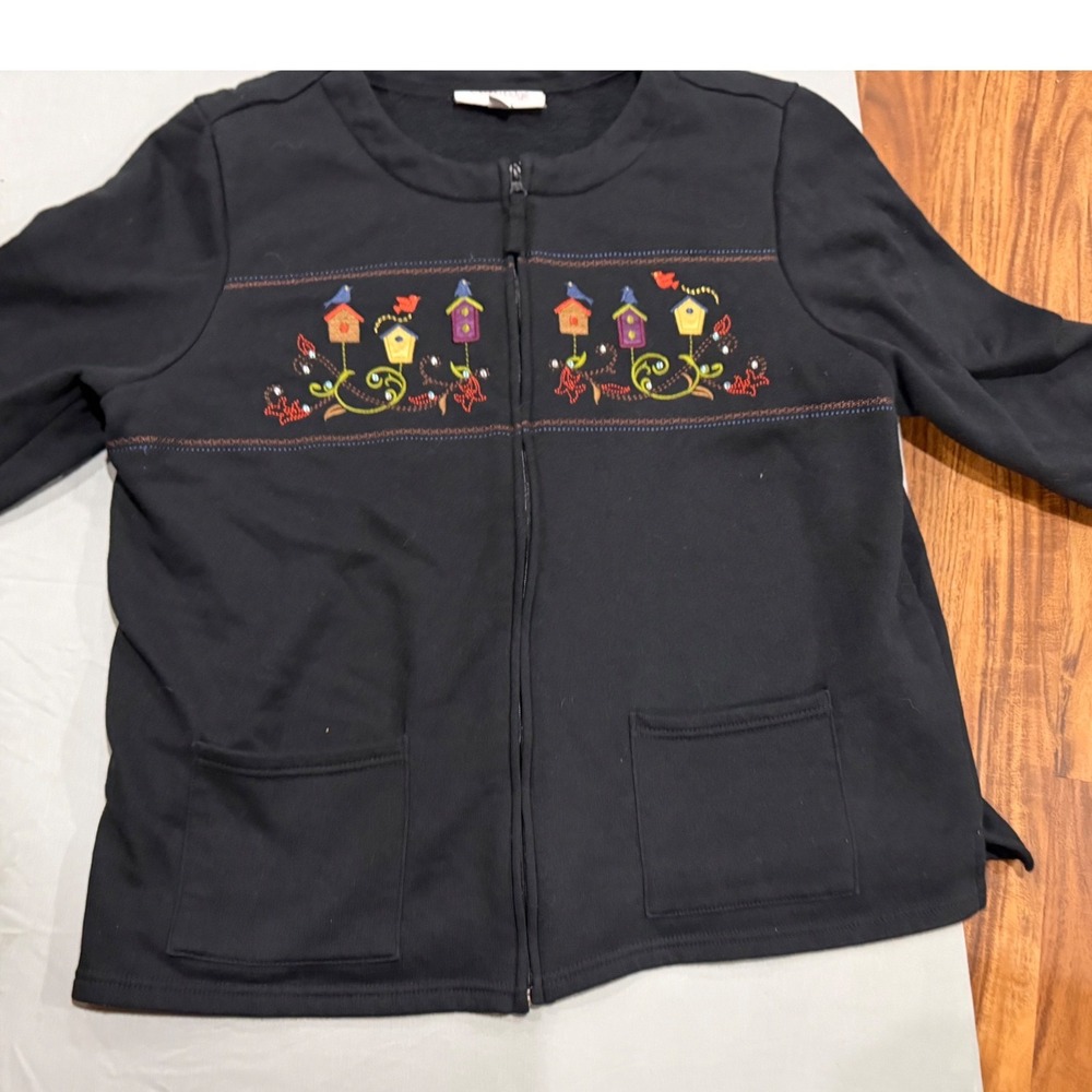 Cottagecore Women Breckenridge Embroidered Birdhouse Zip Sweatshirt XL Black